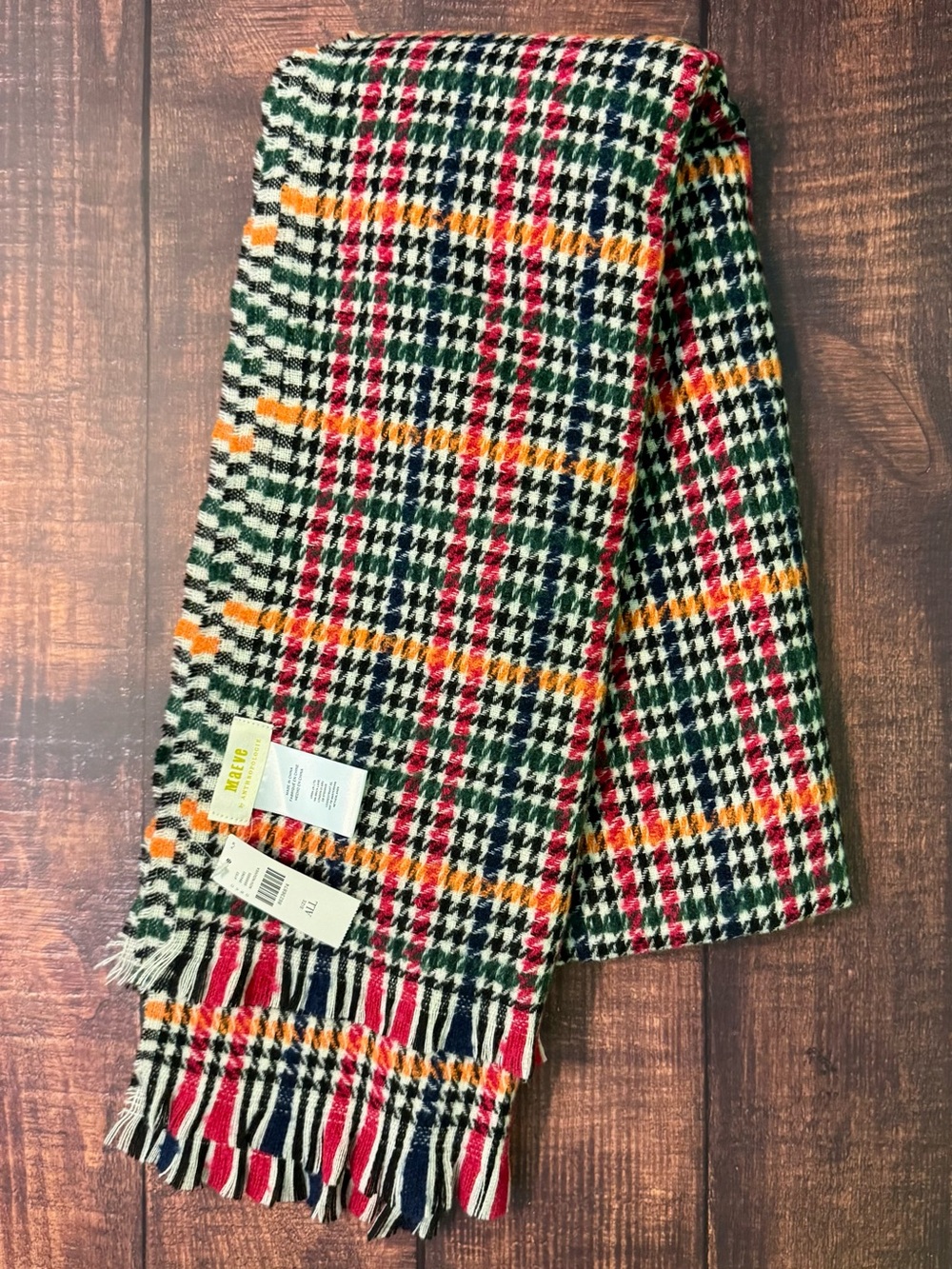 Anthropologie Maeve Plaid Fringe Oversized Scarf in Green, Pink, Orange, Navy